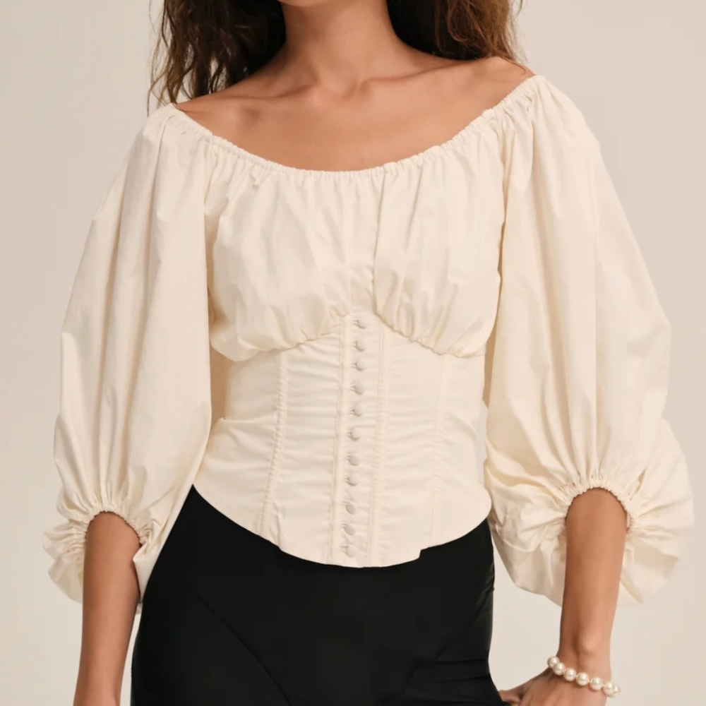 For Love & Lemons Cream Off-Shoulder Puff Sleeve Corset Blouse